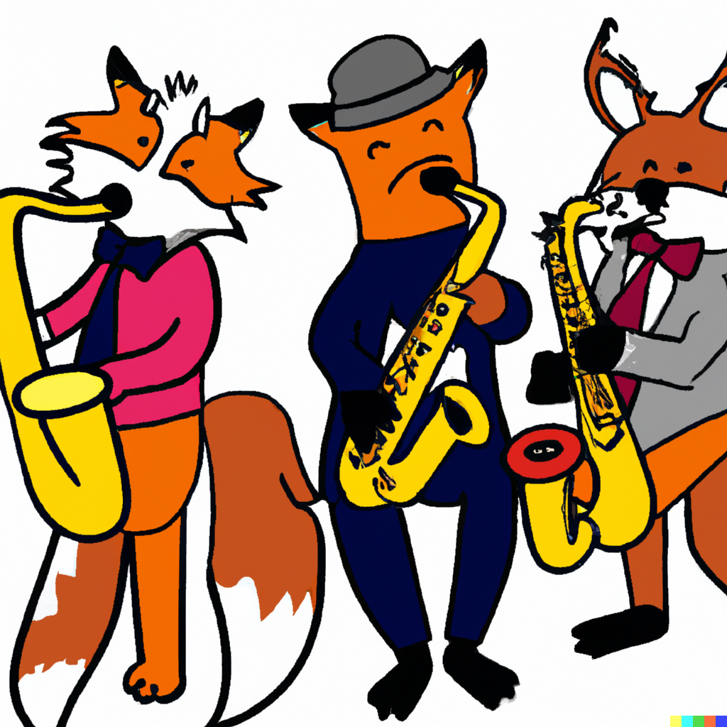 A cartoon of a fox band playing jazz - DALL·E 2